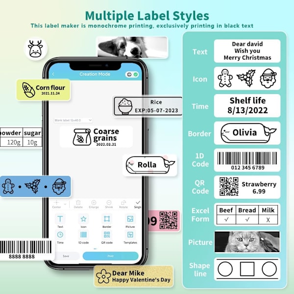 Bærbar Bluetooth Mini Label Printer Smartphone Håndholdt Termisk Mærkat Lille Mærkat Maskine Flere Skabeloner Blækfri Velegnet til Hjemmekontor