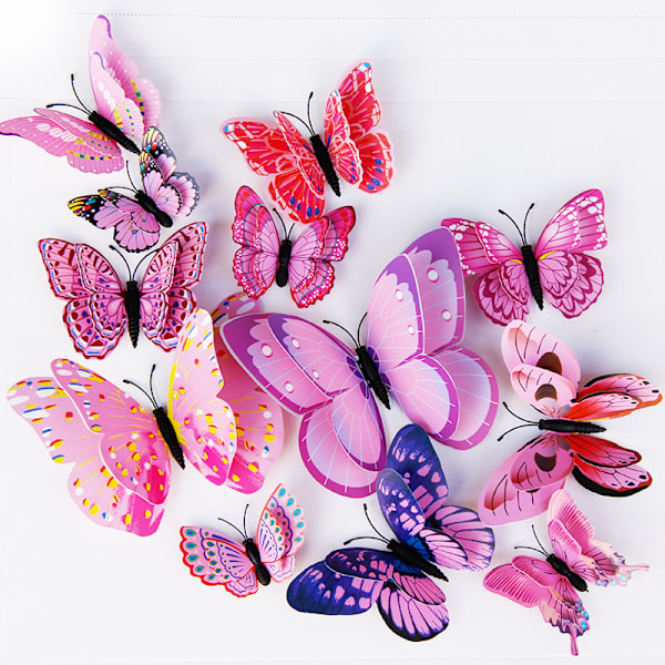 Avtakbar 3D sommerfugl veggklistremerke dekorasjon (dobbelt lag - rosa/12 stk) Pink