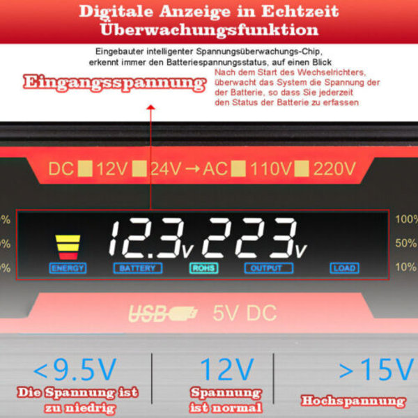 Spenningsomformer 6000/8000W 12V-230V Inverter med 2 USB EU; ren sinus 2 USB spenningsomformer 8000W/4000W inverter 12V 231V inverter