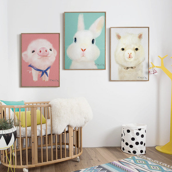 Tecknad alpacka, kanin och gris väggkonst Canvas print affisch, enkel söt akvarell konst ritning dekor (set med 3 oinramade, 16'x24')