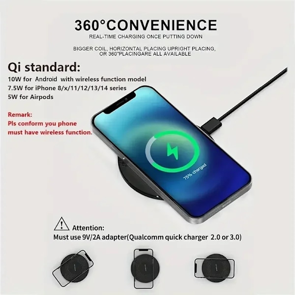 Ultratunn skrivbordsdocka för snabbladdning av mobiltelefon, trådlös laddningsplatta för iPhone 15 14 13 12 Samsung Xiaom black with cable
