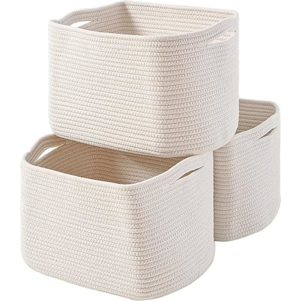 Oppbevaringskurver for organisering av hyller, vevde bomullsrepskurver for babyrom, bok, leketøy, håndkleorganisator, 38x28x24 cm, 1 pakke, off-white