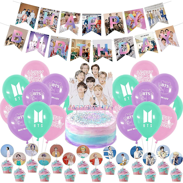 BTS-syntymäpäiväjuhlakoristeet, Kpop-syntymäpäivätarvikkeet Bangtan Boys -faneille sisältävät BTS Hyvää syntymäpäivää -bannerin, kakunkoristeet ja ilmapallot