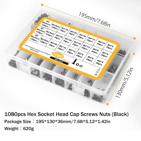 1080 st Button Head Socket Cap Skruvar Bultar Muttrar Brickor