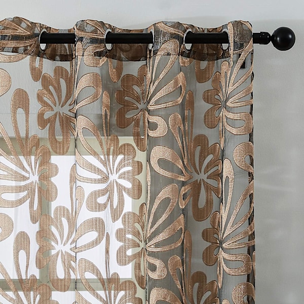 Blomster Voile Gardin 84 Tommer Lang For Stue Soverom (2 Paneler, Brun)
