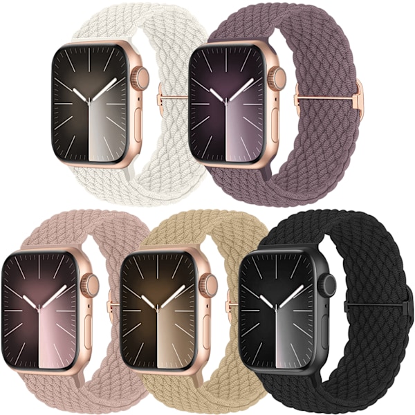 5-pakks flettet solo-loop kompatibelt med Apple Watch-reim 40mm 38mm 41mm for kvinner og menn, justerbar nylon stretch elastisk sportsreim B B 42/44/45/49mm