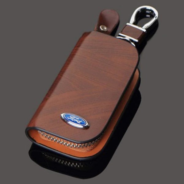 Läder Ford Keyfob Nyckelring Nyckelfodral Case Fjärrkontrollfodral Case Cover Blixtlåsväska Charm Ford Brown
