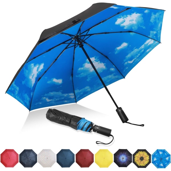 HHL hopfällbart paraply Kompakt reseregnparaply Portabelt paraply med teflonbeläggning - förstärkt kapell, ergonomiskt handtag, automatisk öppning/stängning - himmel