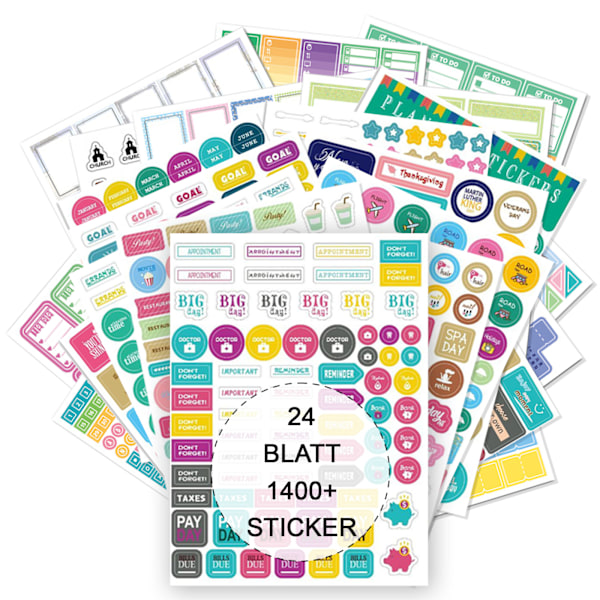 Bullet Journal -tarrat, 24 arkkia/1400+ tarrasetti, Scrapbook-tarrat Bullet Journal -lehtiöön, kalenteriin, järjestäjään - Bullet Journal