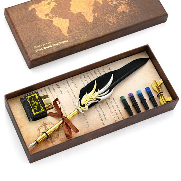 Bärbar Antik Fjäderpenna Fontänpenna Set Quill Bläck Dip Penna med 4 Bläckpatroner