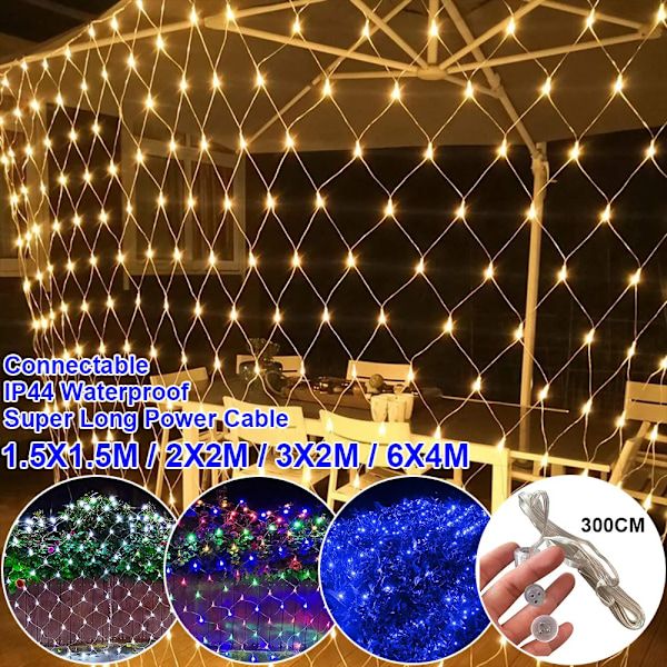 120-672 LED Net Mesh Fairy String Lights Udendørs Juledekoration 8 Tilstande Vandafvisende Bryllupsfest Lys EU/UK/ WHITE