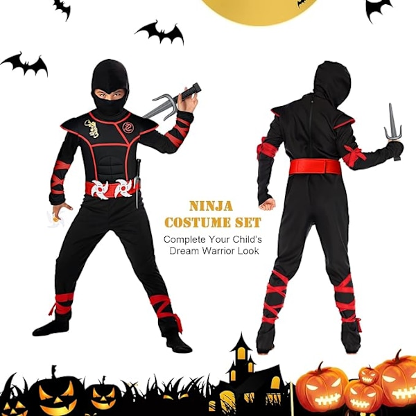 Barnens Halloween Ninja Fancy Dress Kostym med Ninja Tillbehör, Ninja Muskel Kostym för Pojkar Flickor, Lyxig Ninja Rollspel Outfit för Halloween Cosplay L