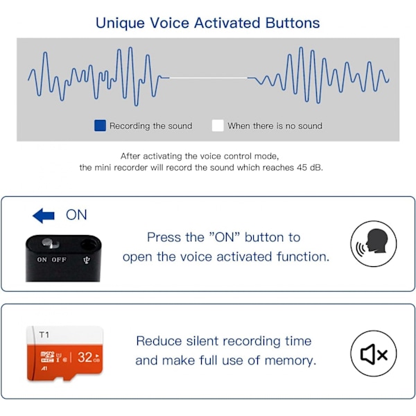 Mini röststyrd inspelare - 800 timmars inspelningskapacitet - Stark magnetisk - Ljudinspelning - Kontinuerlig lyssningsenhet 32GB