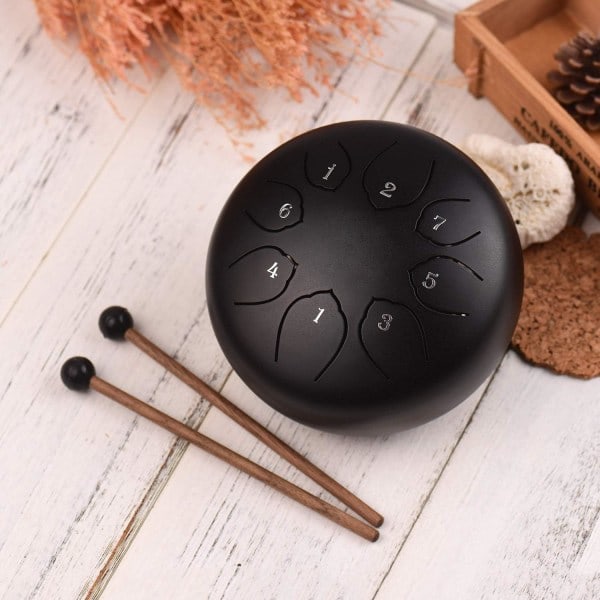 Stål Tongue Drum 6 Tum 8 Toner C-Ton Handvev Slagverksinstrument för Meditation Musikundervisning Svart Black