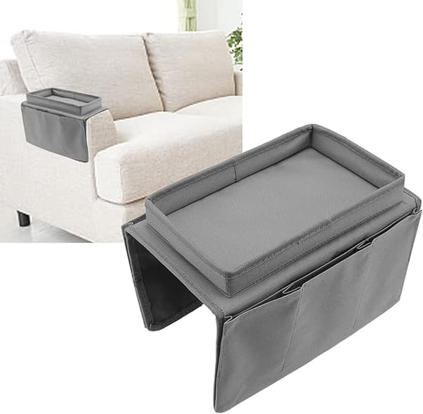 Sofa-bord med klips, sammenleggbart sidebord, avtakbar armlene-brett for mat og drikke, grå gray