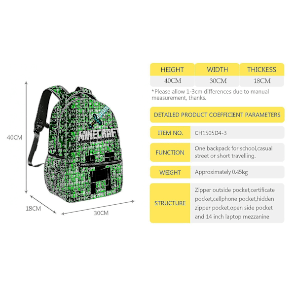 Pojkars Ryggsäck Barn Svart Minecraft Gamer Väska Skolryggsäck One Size-WELLNGS
