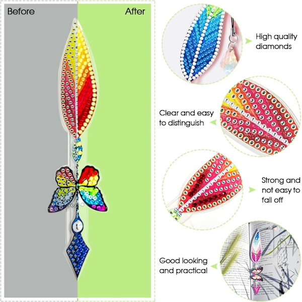 (6 kappaletta) Timanttimaalauskirjanmerkki Kirjanmerkki Timanttimaalaus Sulka 5D DIY Kirjanmerkki Merkitsemiseen P