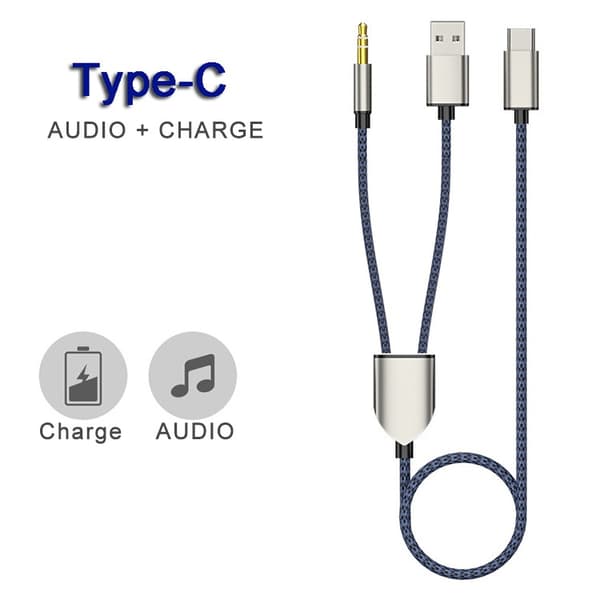 2-i-1 Typ-C Bilstereo Kabel 1 Delad 2 Typ C till USB A 3.5mm Aux Kabel Blå