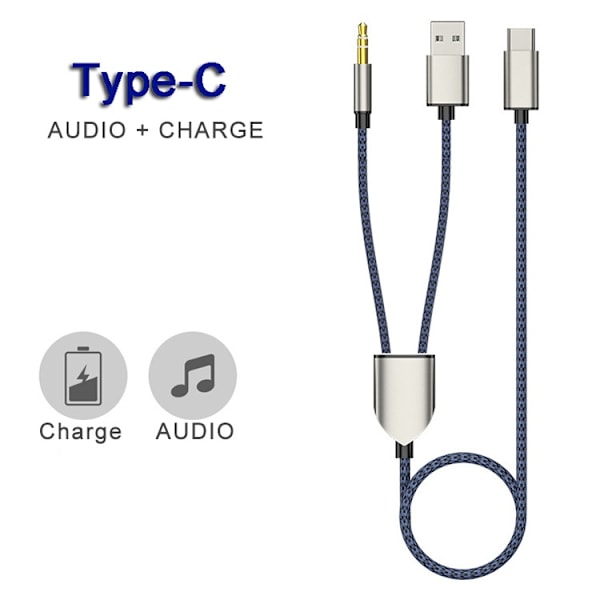 2-i-1 Type-C Bilstereo Kabel 1 Splitt 2 Type C til USB A 3.5mm Aux Kabel Blå