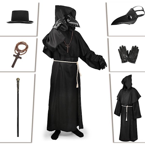 Voksen Peste Doktor Cosplay Kostume Halloween Middelalderlig Munk Peste Doktore med Fuglenæb Maske Sort Kappe Robe med Hætte - et sæt one set L