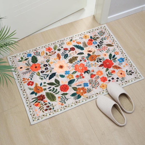 Dørmatte Innendørs Inngang 2x3 Teppe Maskinvaskbar Boho Blomster Lite Område Teppe Sklisikkert Lavt Bunke Kast Tepper for Inngangsparti, Kjøkken, (Beige)