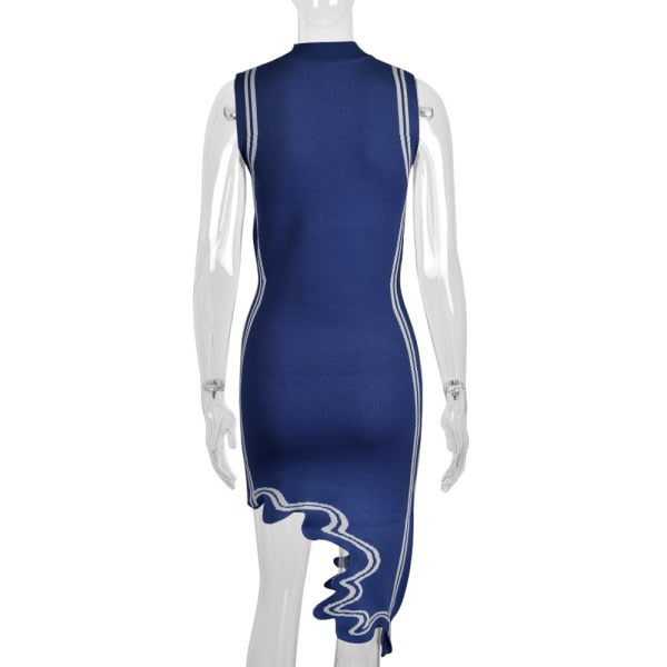 Damklänning Mode Casual axelbandslös kontrastrandig stickad tröjaklänning (marinblå M)