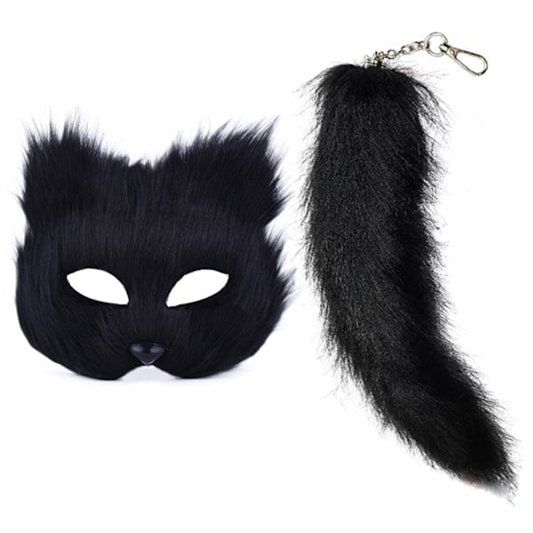 Keinotekoinen turkis ketun hännän kissan naamio Therian naamio ja häntä Halloween Cosplay Party-WELLNGS Musta