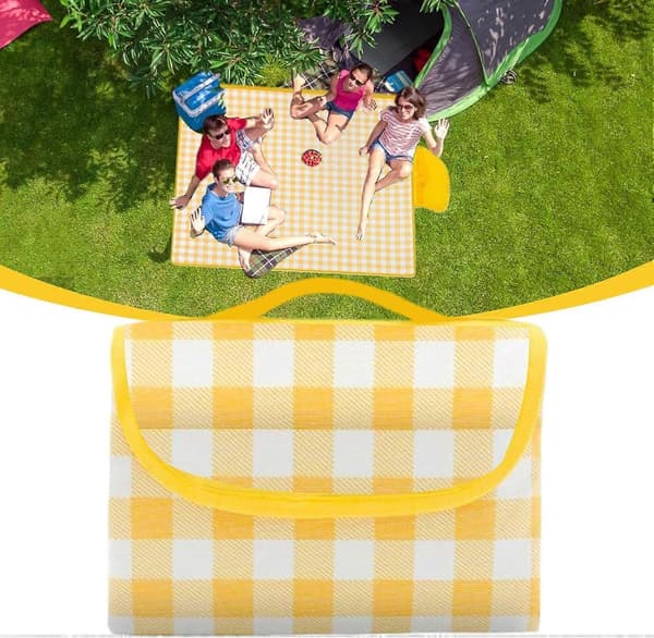 Picnic Tæppe, Foldbart, Ternet, 200x200cm, Udendørs, Gul
