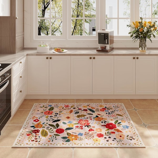 Dørmatte Innendørs Inngang 2x3 Teppe Maskinvaskbar Boho Blomster Lite Område Teppe Sklisikkert Lavt Bunke Kast Tepper for Inngangsparti, Kjøkken, (Beige)