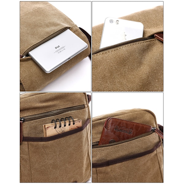 Herr axelväska i canvas, herr väska, laptopväska för 14 tums laptop, axelväska/budväska/messenger väska, khaki