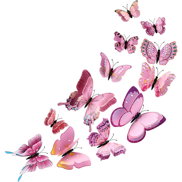 Avtakbar 3D sommerfugl veggklistremerke dekorasjon (dobbelt lag - rosa/12 stk) Pink