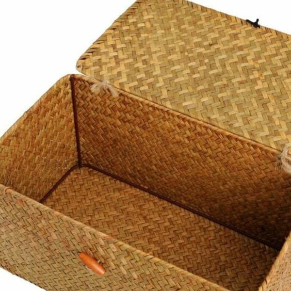 Søgræs Rattan Opbevaringskurv med Naturmateriale Låg (Lille 17cmx13cmx8cm H)