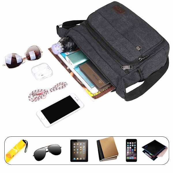 Vanntett Messenger Skulder Bag Medium, Multi Lommer Canvas Crossbody Bag for Menn Kvinner, Casual Mens Satchel Bag