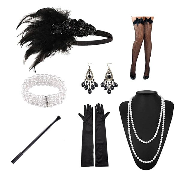 1920-tals Flapper Kostym Pannband Halsband Handskar Armband Gatsby MF Onesize FF F One size