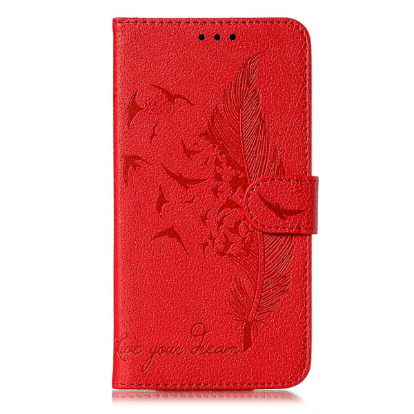 Nahkakotelo höyhenkuviolla ja litsikuviolla, vaakasuuntainen läppäkotelo lompakolla, pidikkeellä ja korttipaikoilla Motorola Moto G7 Play -puhelimelle Red