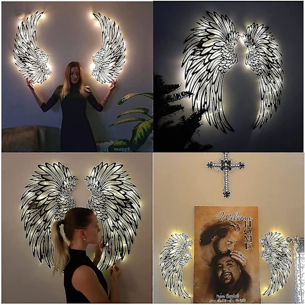 Par Angel Wings Metal Vægkunst Dekoration med LED Lys, 3D Angel Wings Væg Skulpturer Dekoration til Hjem Soveværelse Stue Have Kontor 35 cm