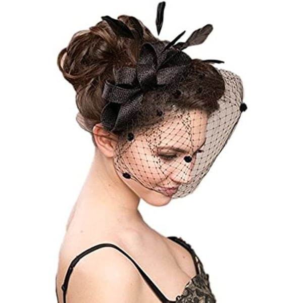 Elegant bowknot fjäder för kvinnor för bröllopscocktailparty Slöja Fascinator Hårklämma hatt Mesh -nät (svart)