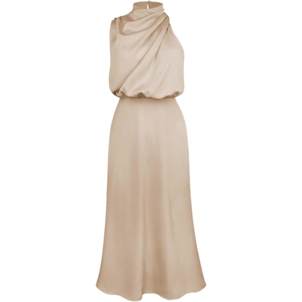 Sexy Kort Satin Kjole til Kvinder, Sommerlig Formel Lang Kjole, Mock Neck, Ærmeløs, Slids i Siden, Flydende Ærmeløs Maxi Skørter, Elegante Kvinders Skørter apricot M