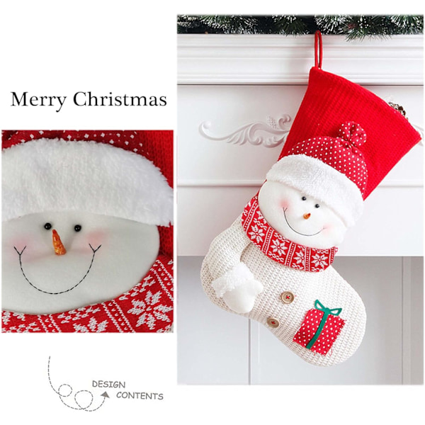 Stor julstrumpa med 3D-tomte, ren och snögubbe