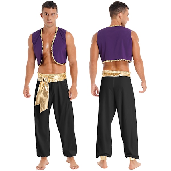 Herre Halloween Kostume Mytisk Prins Aladdin Karneval Karneval Cosplay Festtøj Sequin Trim Vest med Bukser med Bælte Høj Kvalitet Sort A Black A L