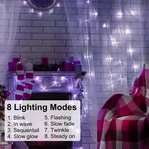 3 x 3m LED-gardinlyssnor 300 lysdioder, 8 lysmoduser, fjernkontroll med timer, juledekorasjon, vindu (vanntett IP65, kald hvit)