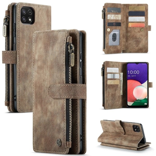 SQBB Etui til Samsung Galaxy A22 5g Wallet Case Holdbart PU Læder Magnetisk Flip Lynlås Kortholder - Brun Brun none【GKS】