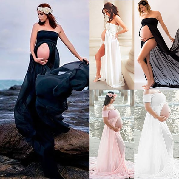 Gravid Kvinners Maxi Spetskjole Maternity Aften Fotografering Rosa pink L