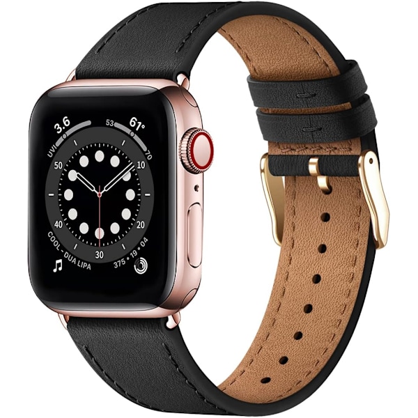 Apple Watch lærreim, ekte lærreim for Apple Watch Series 9 8 7 6 5 4 3 2 1 & iWatch SE, Ultra (38mm 40mm 41mm, Svart) Black