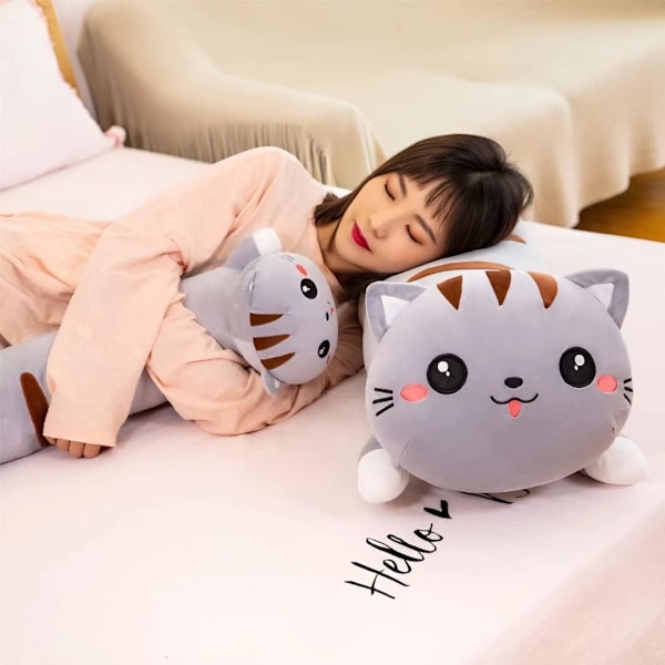 Lång Plysch Katt Kudde, Grå Mjuk Kudde för Sova, Lång Katt-20''(50cm）【GKS】