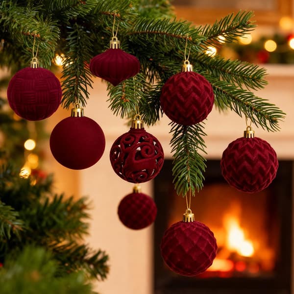 Julgranspynt i sammet - 48 st julkulor i plast i blandade storlekar (vinröd)
