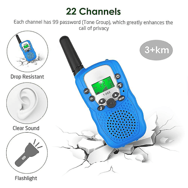 Barne Walkie Talkies 3-pakning, 3 Mile Lang Rekkevidde med Bakgrunnsbelyste LCD-lommelykter Walkie Talkies for Barn i Alderen 3-12, Modell T-388