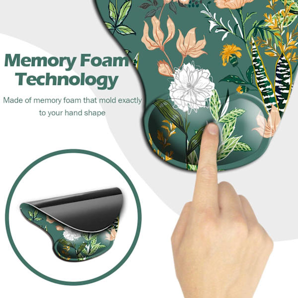 Ergonomisk musmatta med handledsstöd, söta musmattor med halkfri PU-bas för hemmakontor, arbetsstudier, enkel skrivning och smärtlindring mörkgrå Floral Dark Green