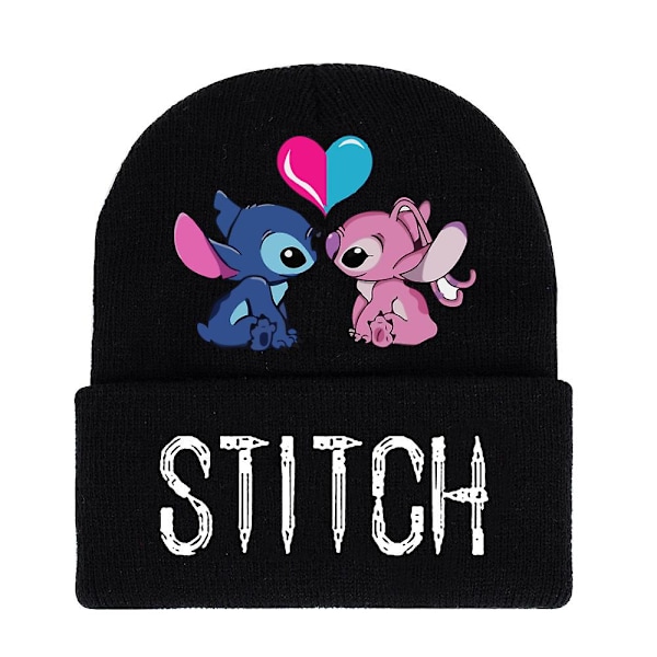 Lilo & Stitch Tecknad Film Tryck Stickad Mössa med Uppvik Vinter Varm Skidmössa Vuxna Barn Unisex Present