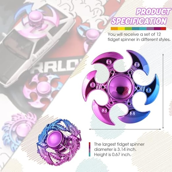 12 stk. metal-lignende fidget spinnere, stressreducerende og angstlindrende håndspinnere, festgave til børn